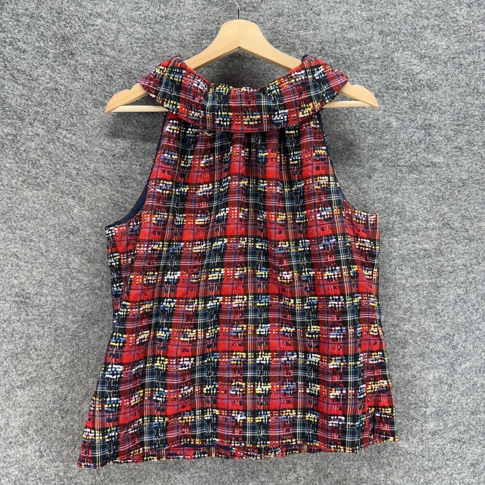 STS Blouse Women L Large Red Plaid Sleeveless Button Round Neck Lined Casual